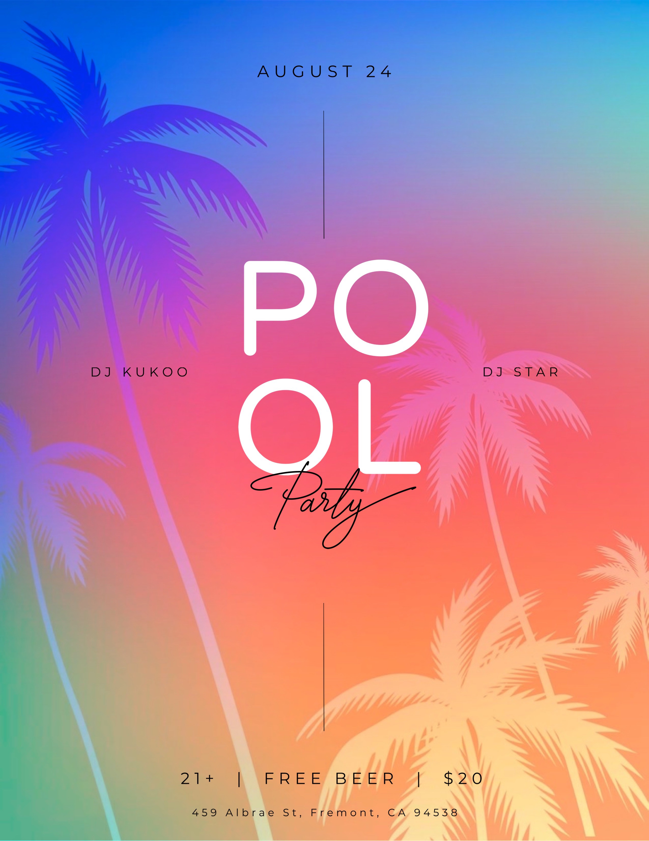 Palm Trees Pool Party Summer Event Flyer Template 