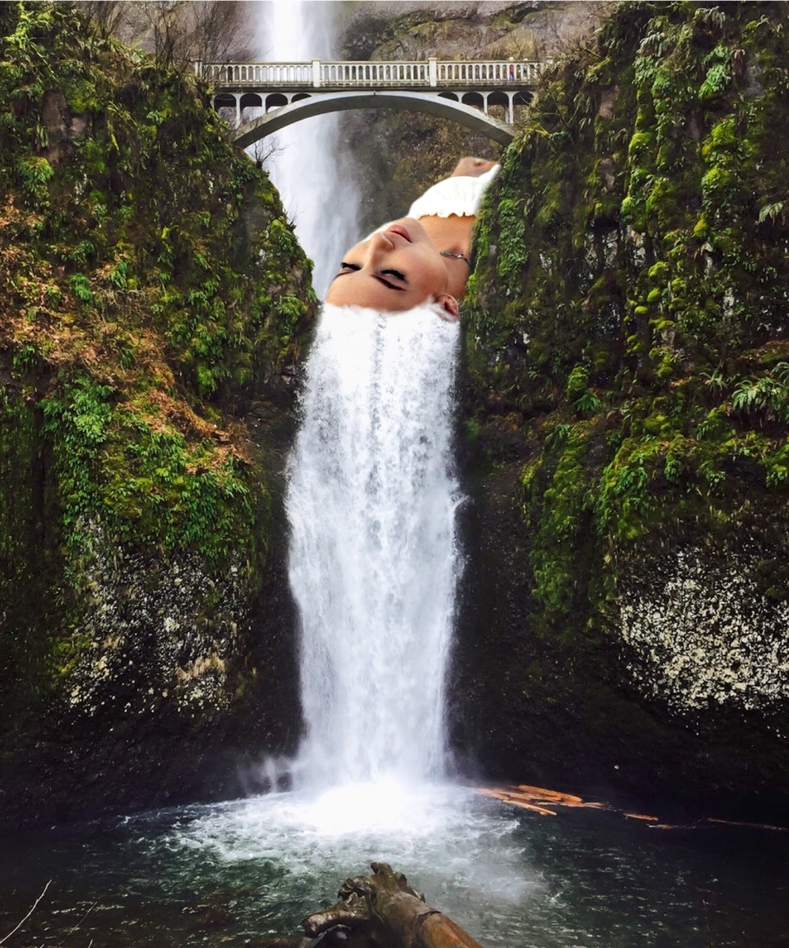 A Waterfall With A Giant Head Sticking Out Of It Collage Art Template