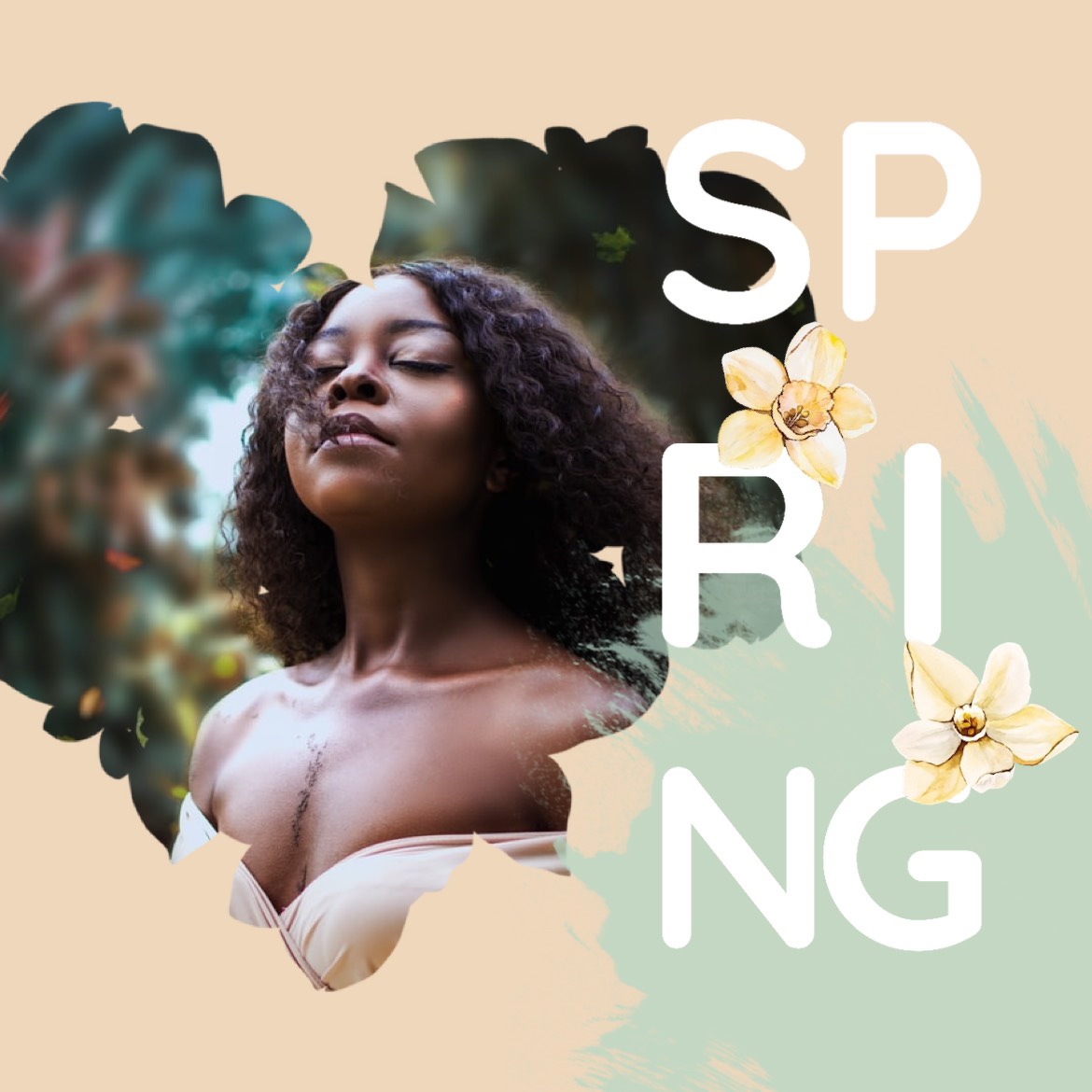 A Woman With Her Eyes Closed In Front Of A Floral Background Hello Spring Template