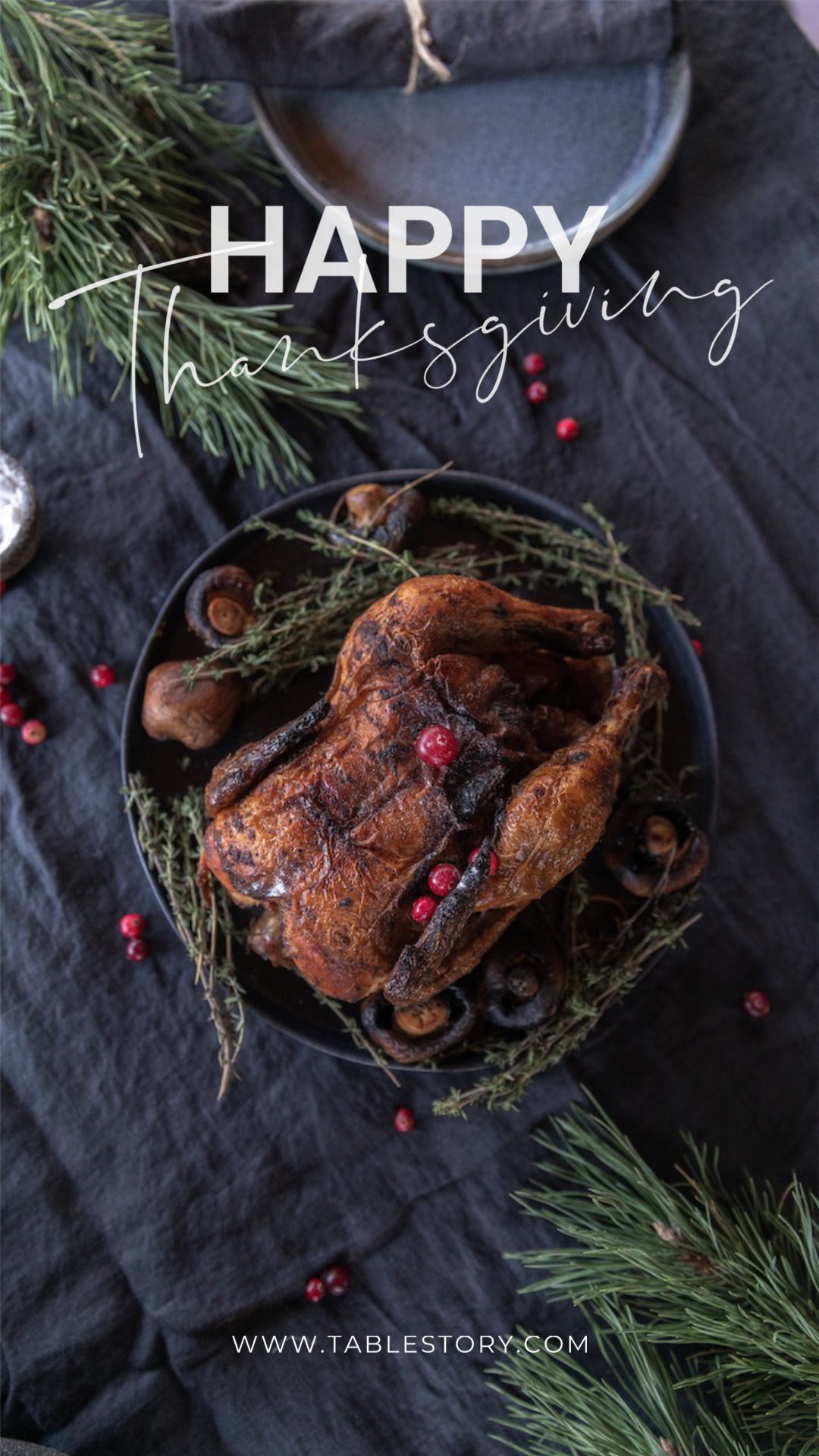 A Roasted Turkey In A Bowl On A Table With Pine Branches And Berries Thanksgiving Template
