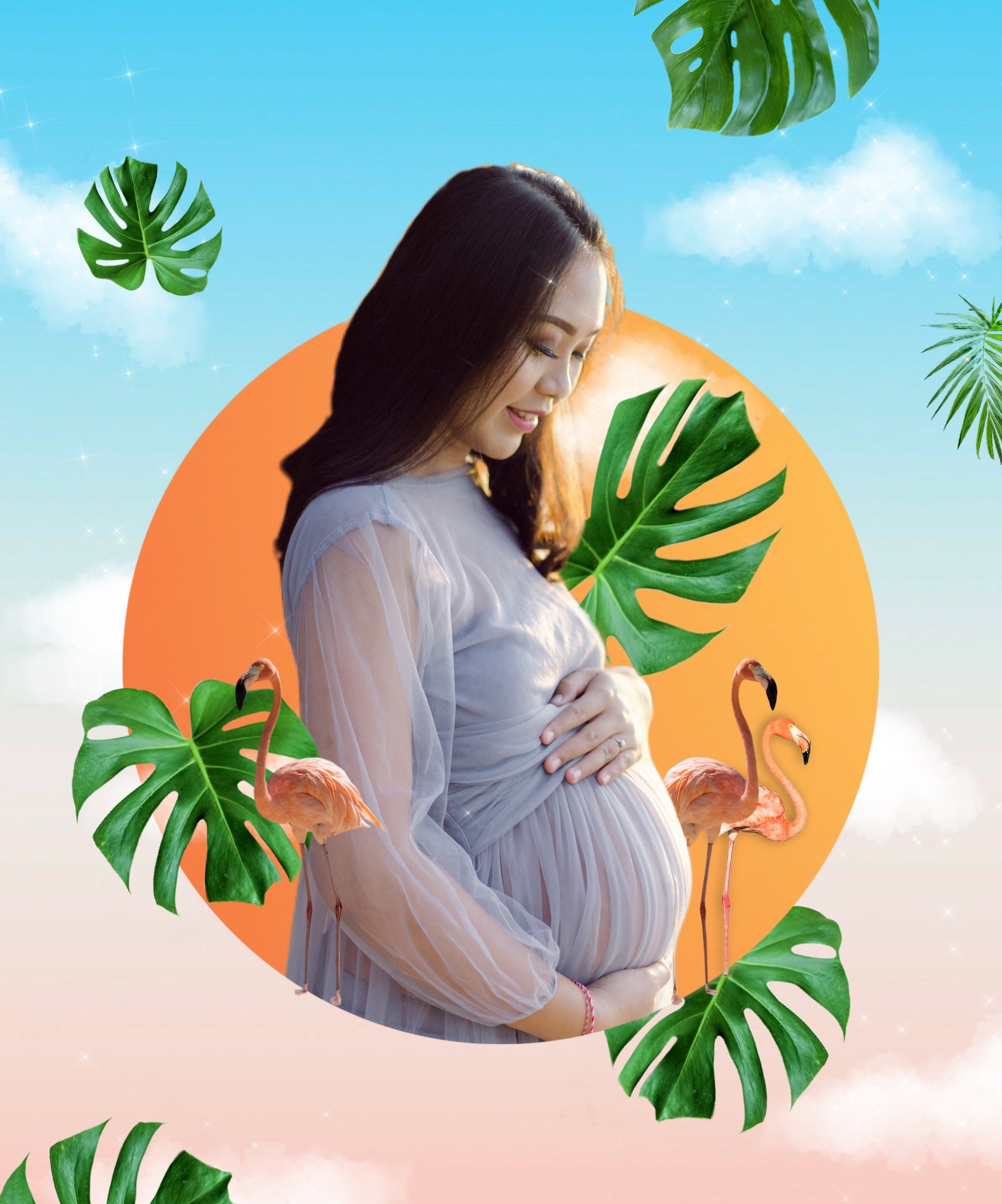 A Pregnant Woman Standing In Front Of A Palm Tree Collage Art Template