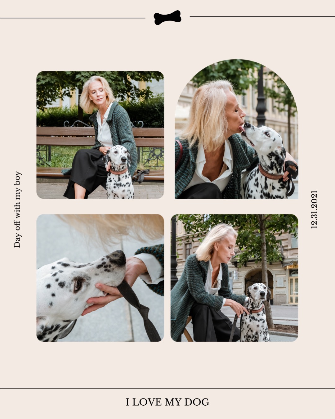 A Woman Sitting On A Bench With Two Dalmatian Dogs Pets Template