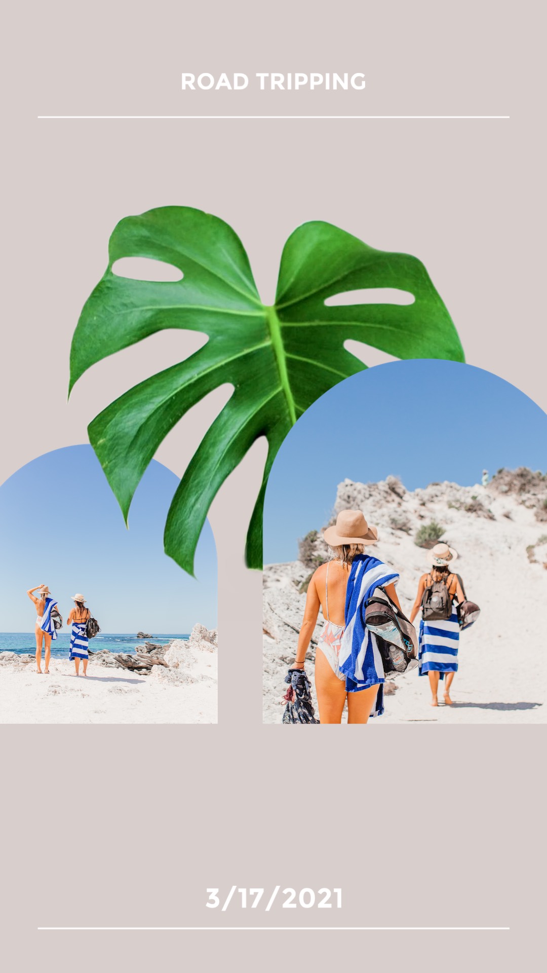 A Couple Of People Walking Down A Beach Next To A Palm Tree Leaves Template