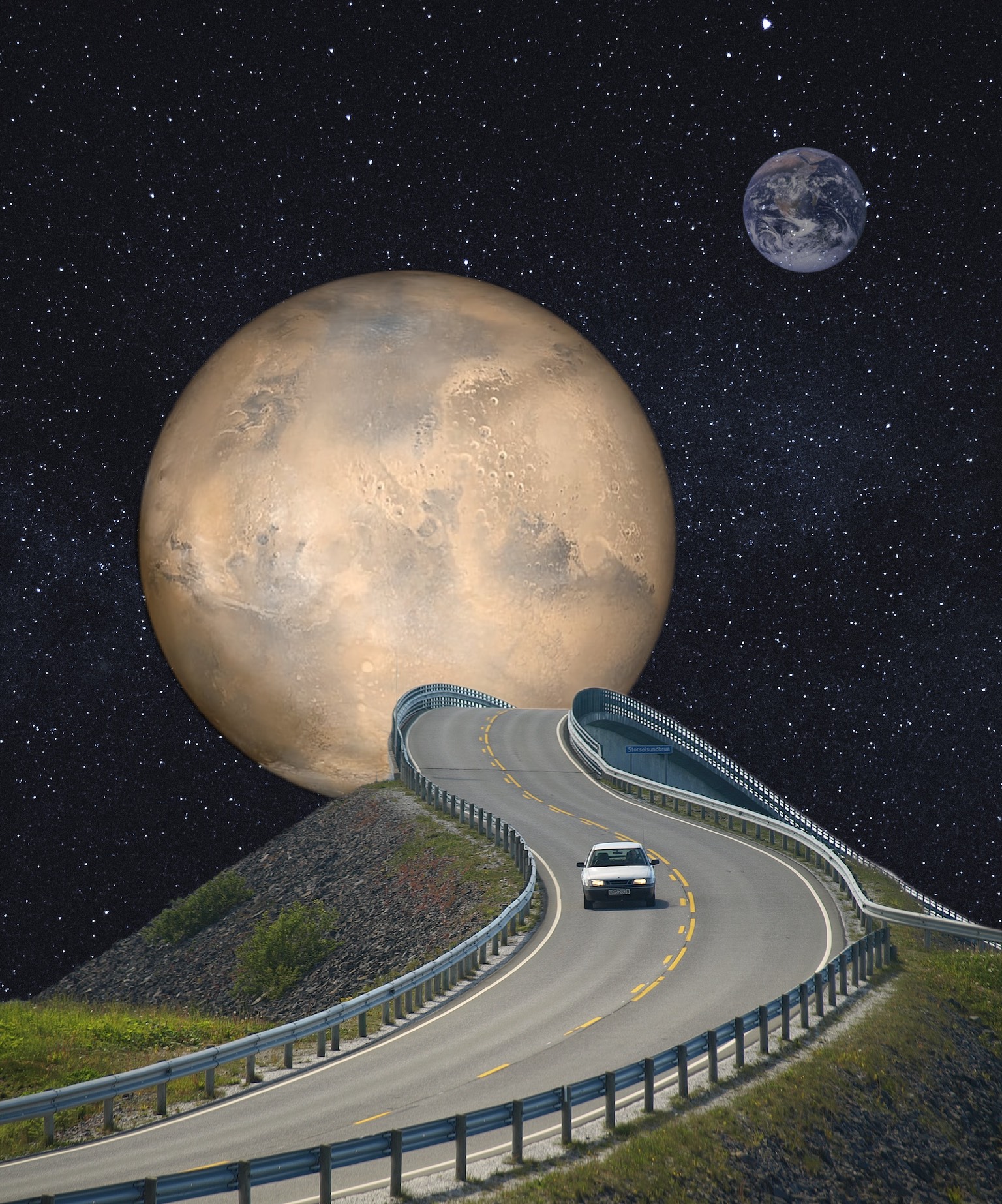 Highway To The Moon Car And Space Collage Art Template