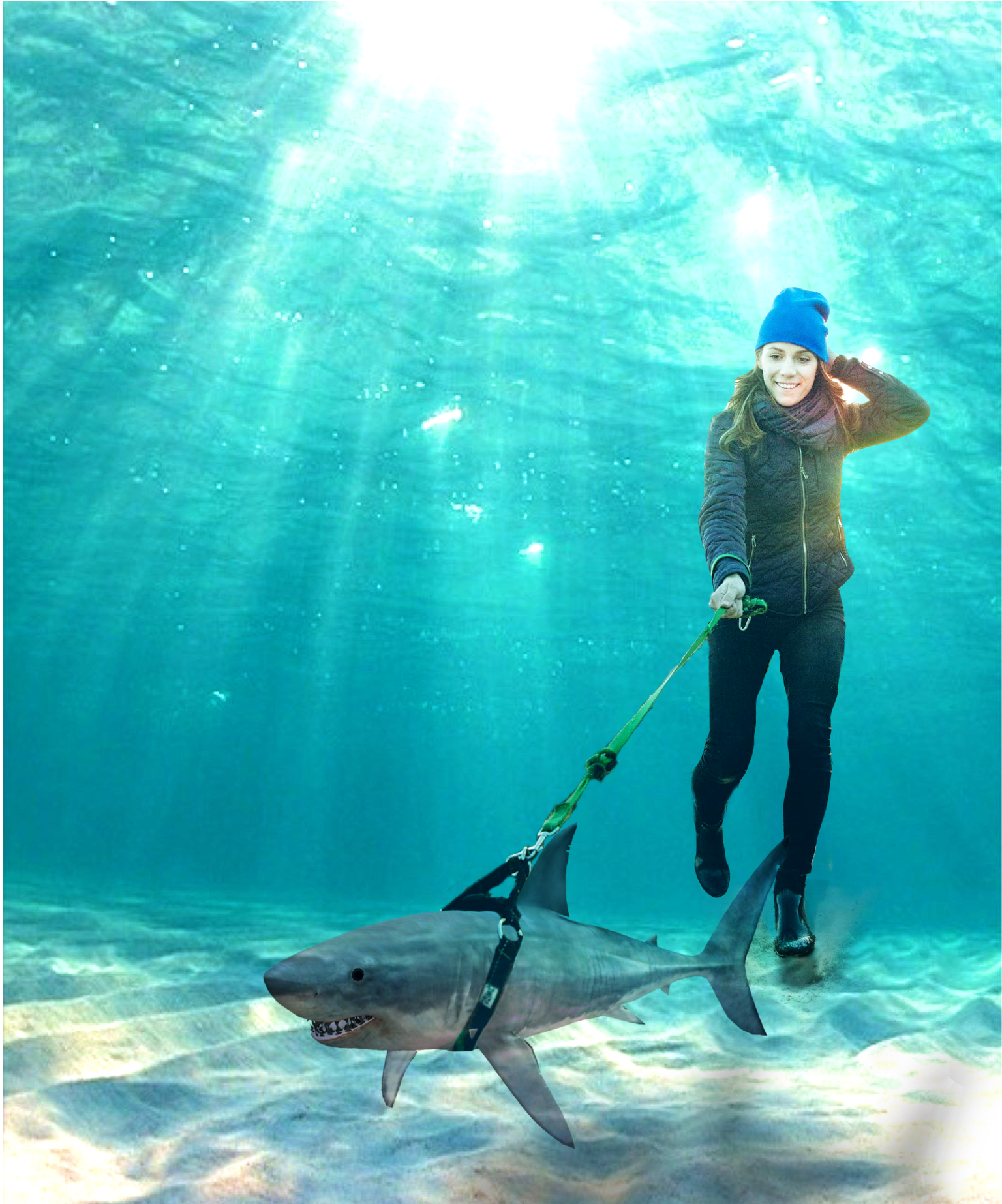 Woman walking her shark underwater collage art template