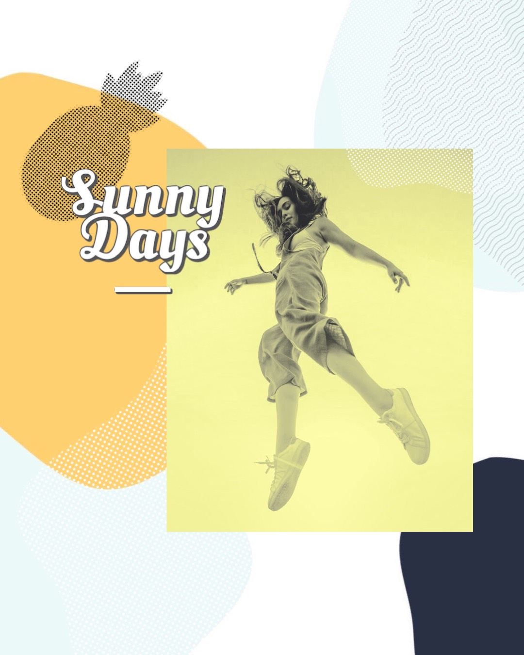 Woman jumping in a sunny day retro summer template