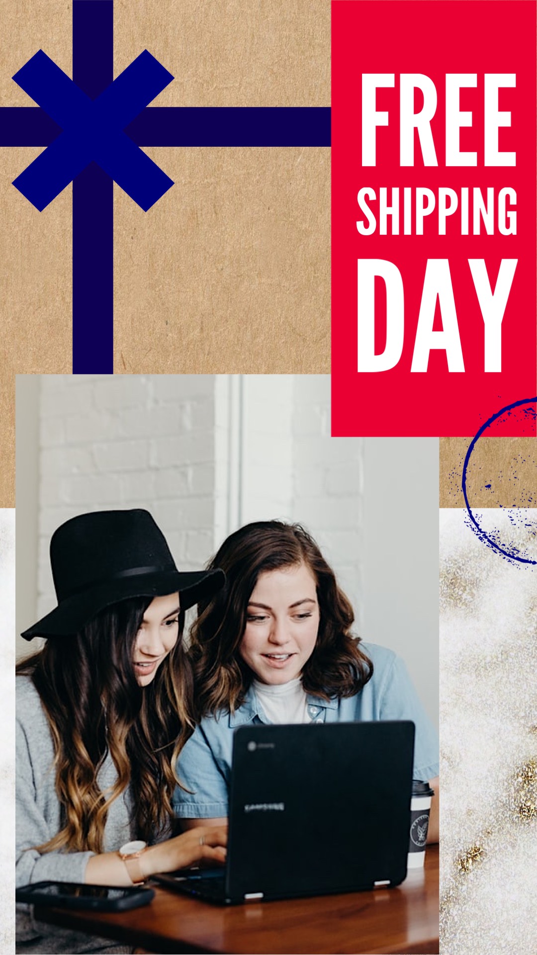 Friends shopping together online free shipping day sale flyer template 